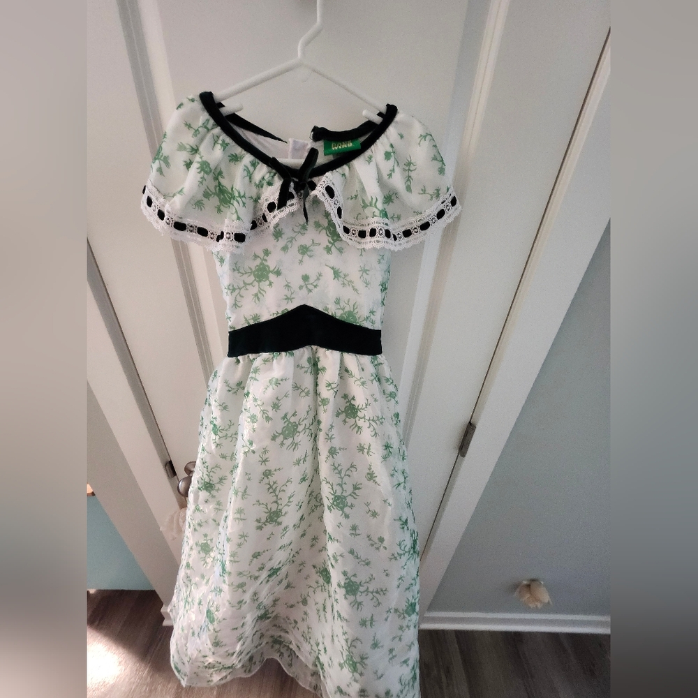 Charming White Dress with Green Floral  And Dark Green Accents